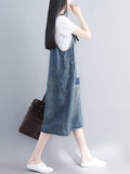 Women Retro Worn Patch Spliced Pocket Denim Suspender Dress