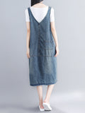 Women Retro Worn Patch Spliced Pocket Denim Suspender Dress