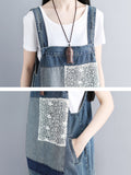 Women Retro Worn Patch Spliced Pocket Denim Suspender Dress