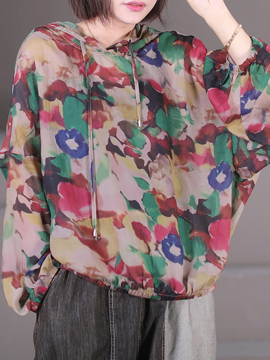 Chemise à capuche ample avec cordon de serrage et fleurs pour femmes, été décontracté