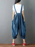 Women Solid Loose Stitching Pocket Hanging Crotch Denim Jumpsuits