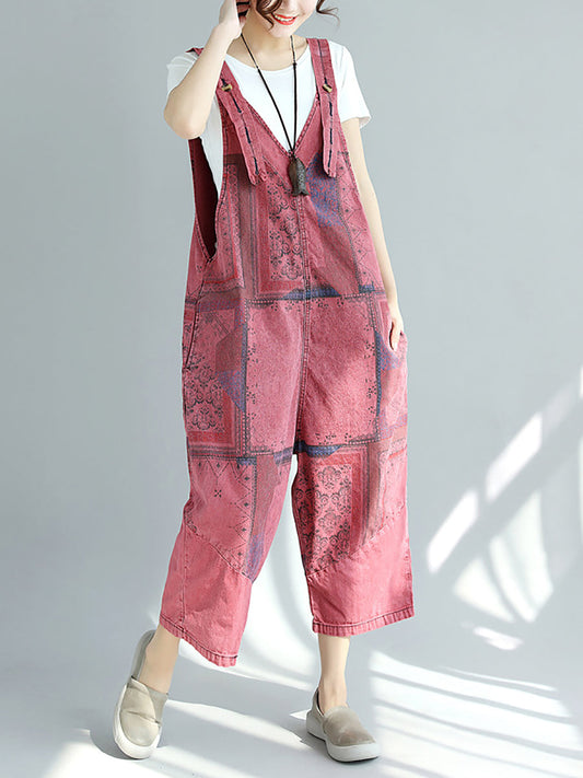 Women Summer Worn Print Pocket V-Neck Loose Denim Jumpsuits