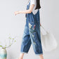Women Casual Flower Embroidery Frayed Pocket Denim Jumpsuits