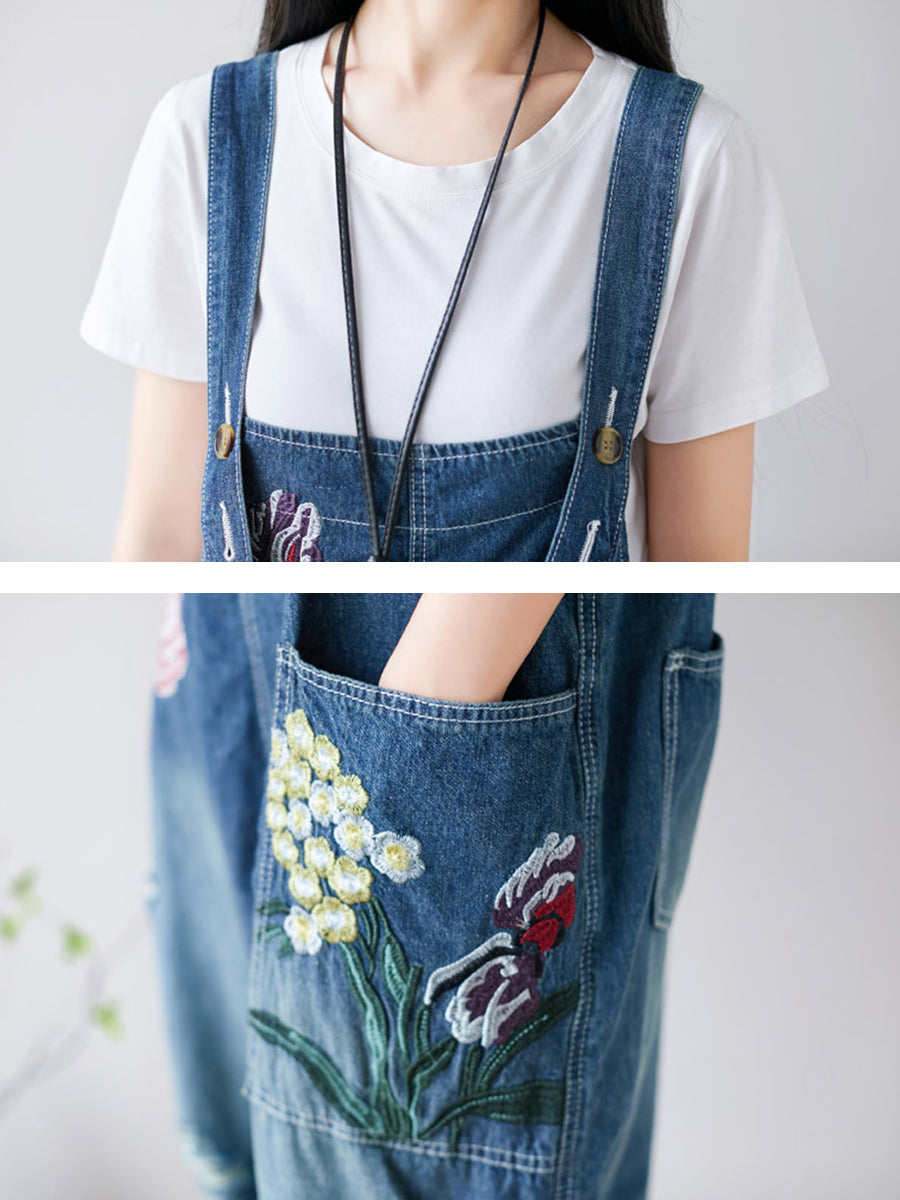 Women Casual Flower Embroidery Frayed Pocket Denim Jumpsuits