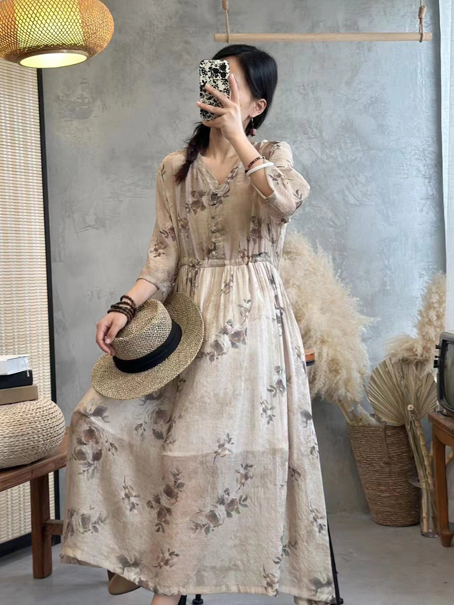 Women Summer Vintage Floral Drawstring Button Loose Dress