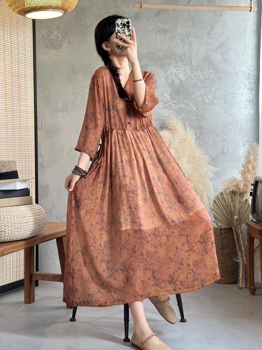 Women Summer Vintage Floral Drawstring Button Loose Dress