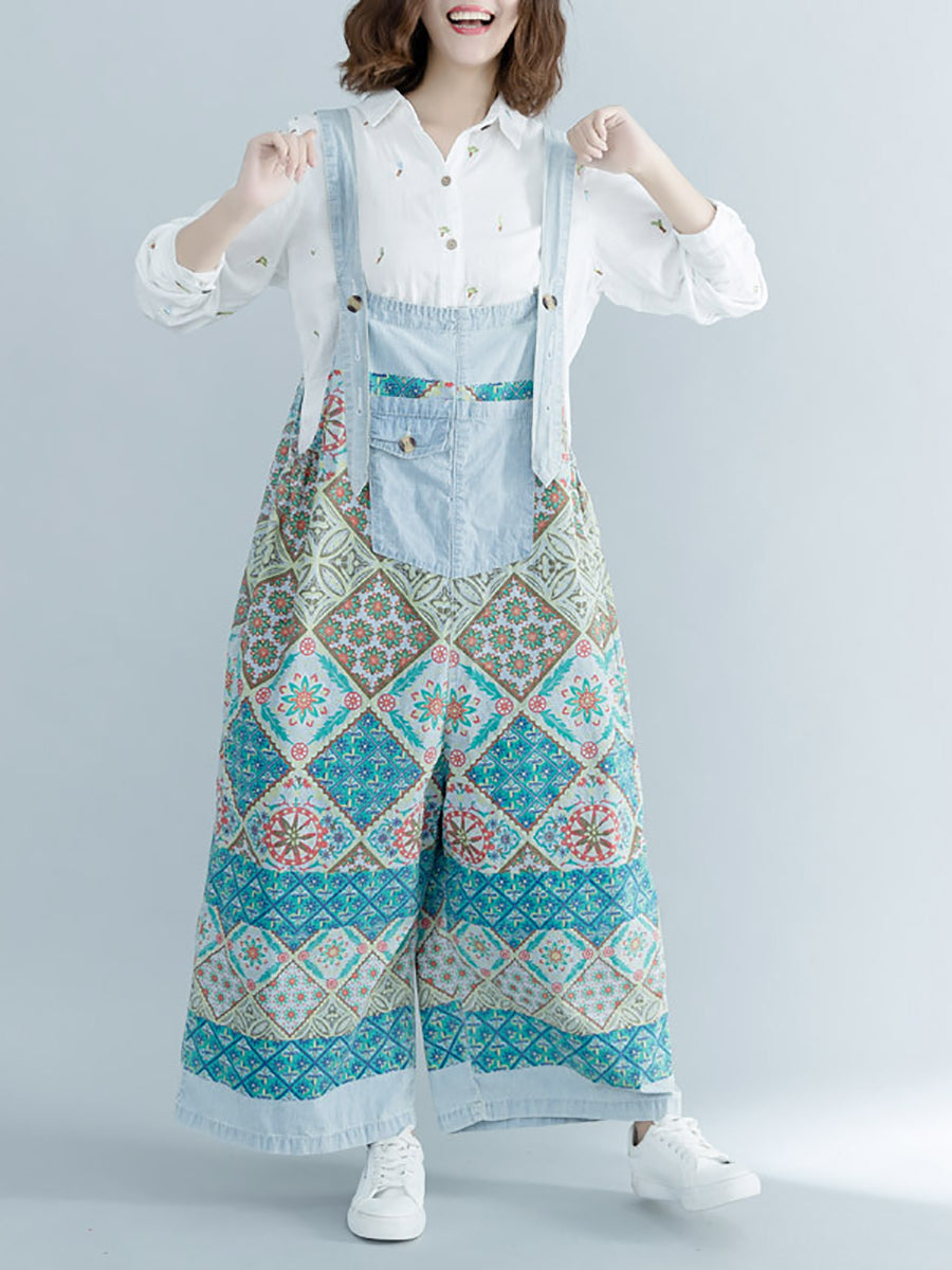 Women Ethnic Print Pocket Button Loose Wide-leg Jumpsuits
