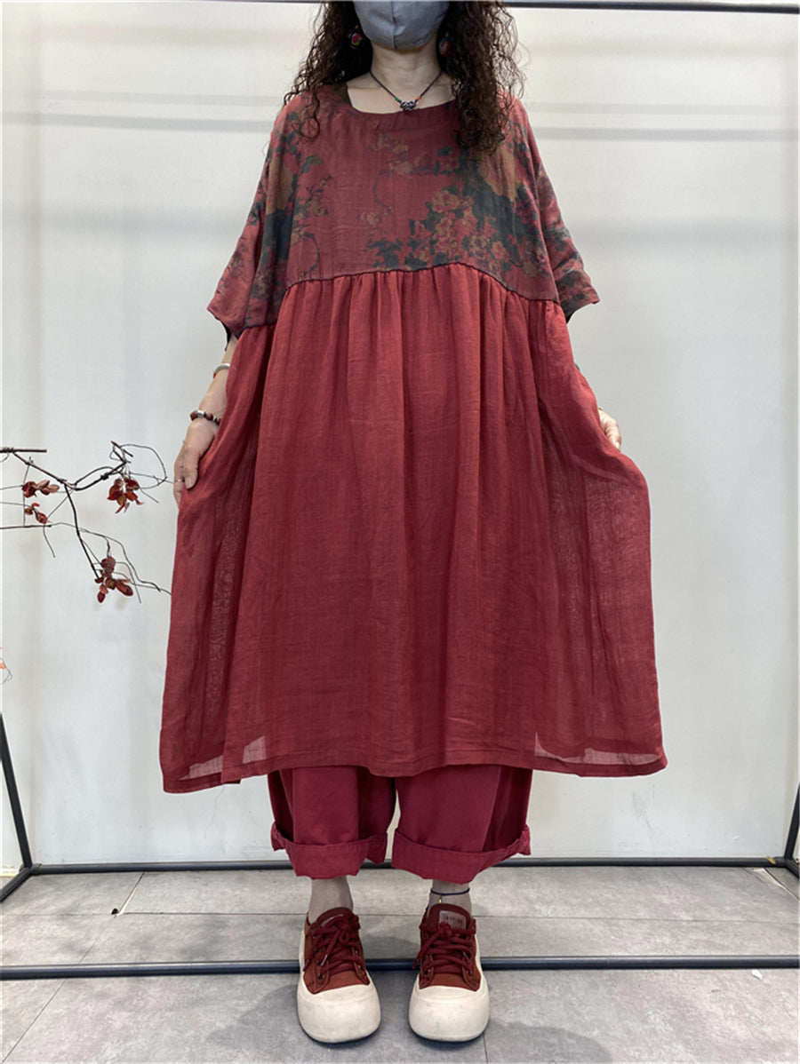 Robe d'été en coton ample à plis épissés de fleurs rétro pour femmes