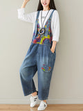 Women Summer Artsy Doodle Pocket Patch Loose Denim Jumpsuits