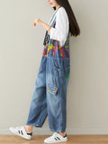 Women Summer Artsy Doodle Pocket Patch Loose Denim Jumpsuits