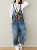 Women Summer Artsy Doodle Pocket Patch Loose Denim Jumpsuits