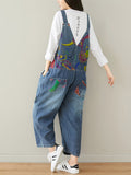 Women Summer Artsy Doodle Pocket Patch Loose Denim Jumpsuits