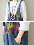Women Summer Artsy Doodle Pocket Patch Loose Denim Jumpsuits