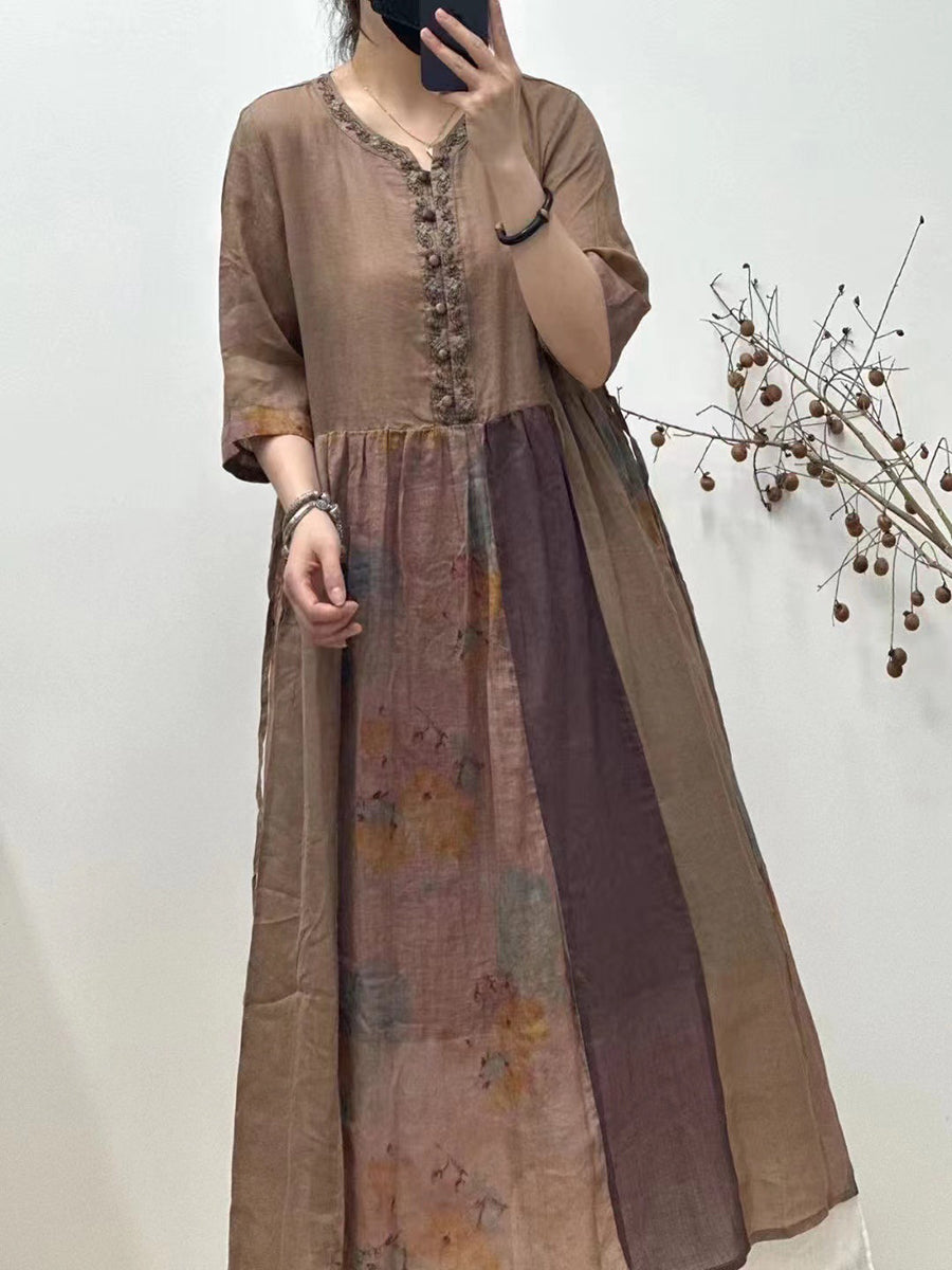 Women Retro Spliced Colorblock Embroidery Button Loose Dress