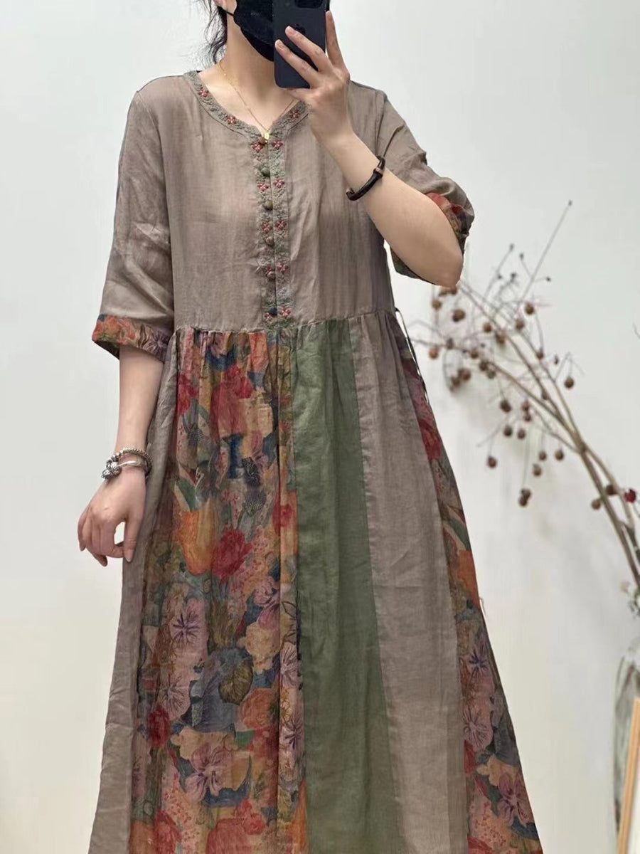 Women Retro Spliced Colorblock Embroidery Button Loose Dress