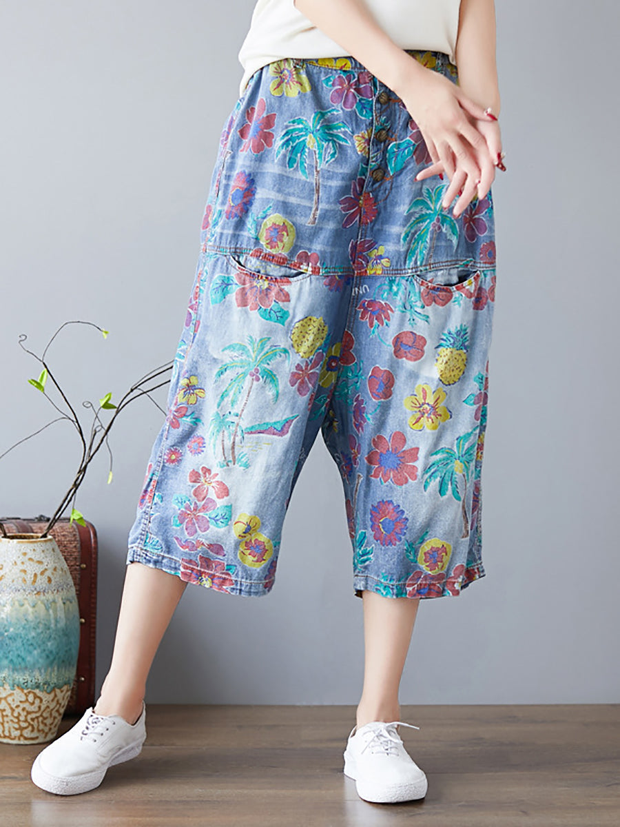 Women Artsy Floral Stitching Button Pocket Loose Denim Pants