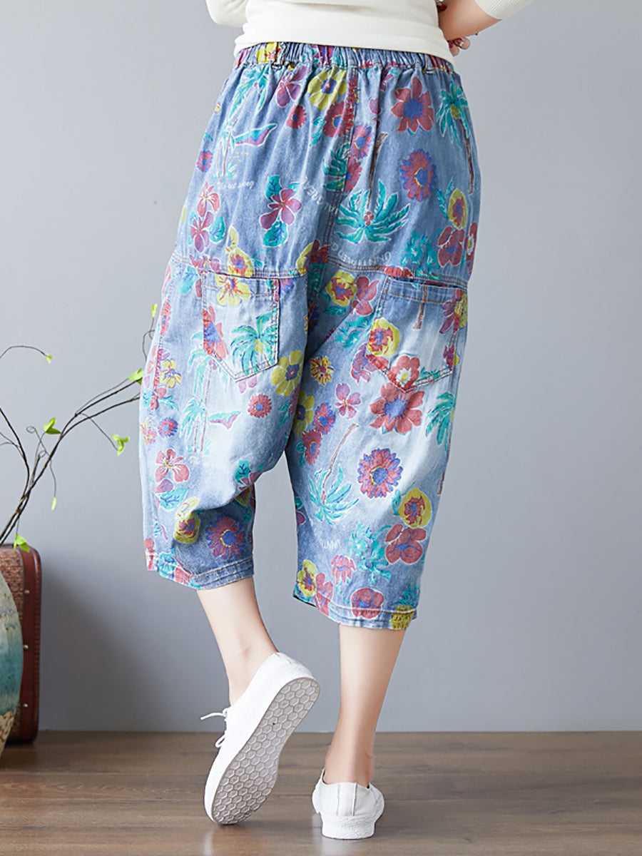 Pantalon en denim ample avec poches à boutons et coutures florales pour femmes