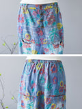 Women Artsy Floral Stitching Button Pocket Loose Denim Pants