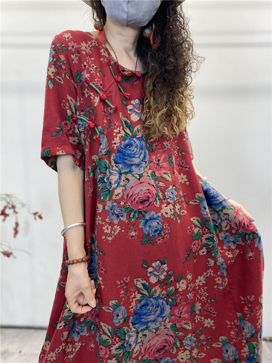 Robe Ramie ample à boutons de fleurs ethniques vintage d'été