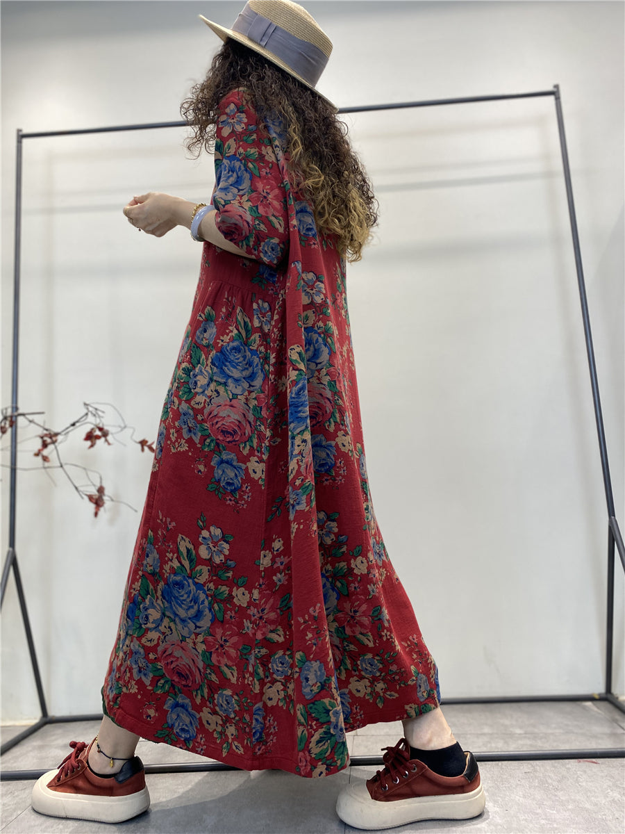 Robe Ramie ample à boutons de fleurs ethniques vintage d'été
