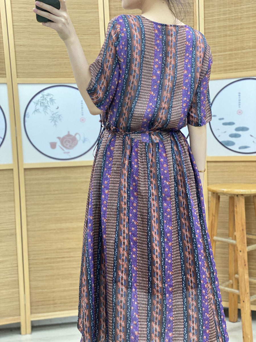 Women Summer Ethnic Stripe Button V-Neck Loose Ramie Dress