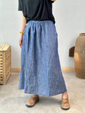 Women Summer Yarn-dyed Casual Pocket Elastic Waist Skirt