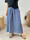 Women Summer Yarn-dyed Casual Pocket Elastic Waist Skirt