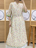 Women Summer Prairie Chic Floral Drawstring Button Dress