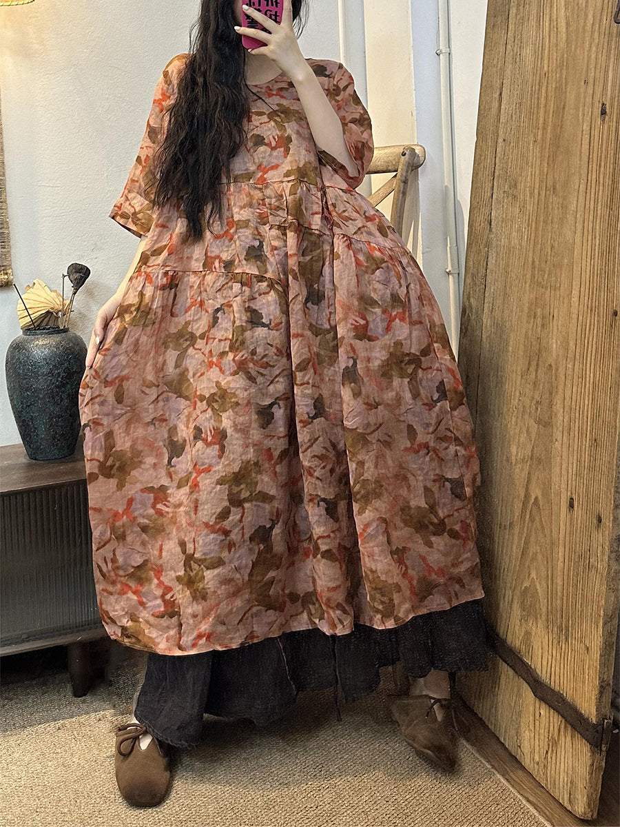 Women Vintage Floral Pleat Pullover Loose Ramie Dress