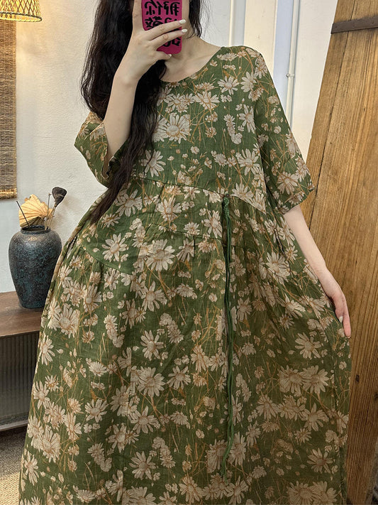 Robe Ramie ample à plis floraux vintage pour femmes