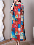 Women Summer Vintage Plaid Spliced Drawstring Loose Dress