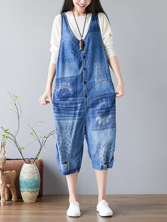 Combinaisons en jean pour femmes, imprimé Vintage, poches effilochées, col en v