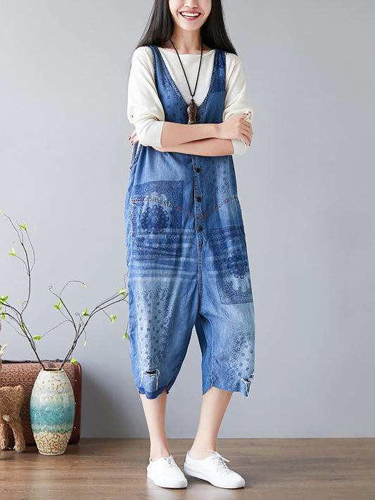 Combinaisons en jean pour femmes, imprimé Vintage, poches effilochées, col en v