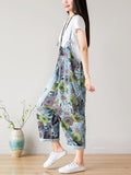 Women Summer Artsy Flower Pocket Loose Denim Jumpsuits