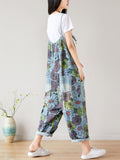 Women Summer Artsy Flower Pocket Loose Denim Jumpsuits