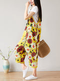 Women Summer Artsy Flower Pocket Loose Denim Jumpsuits