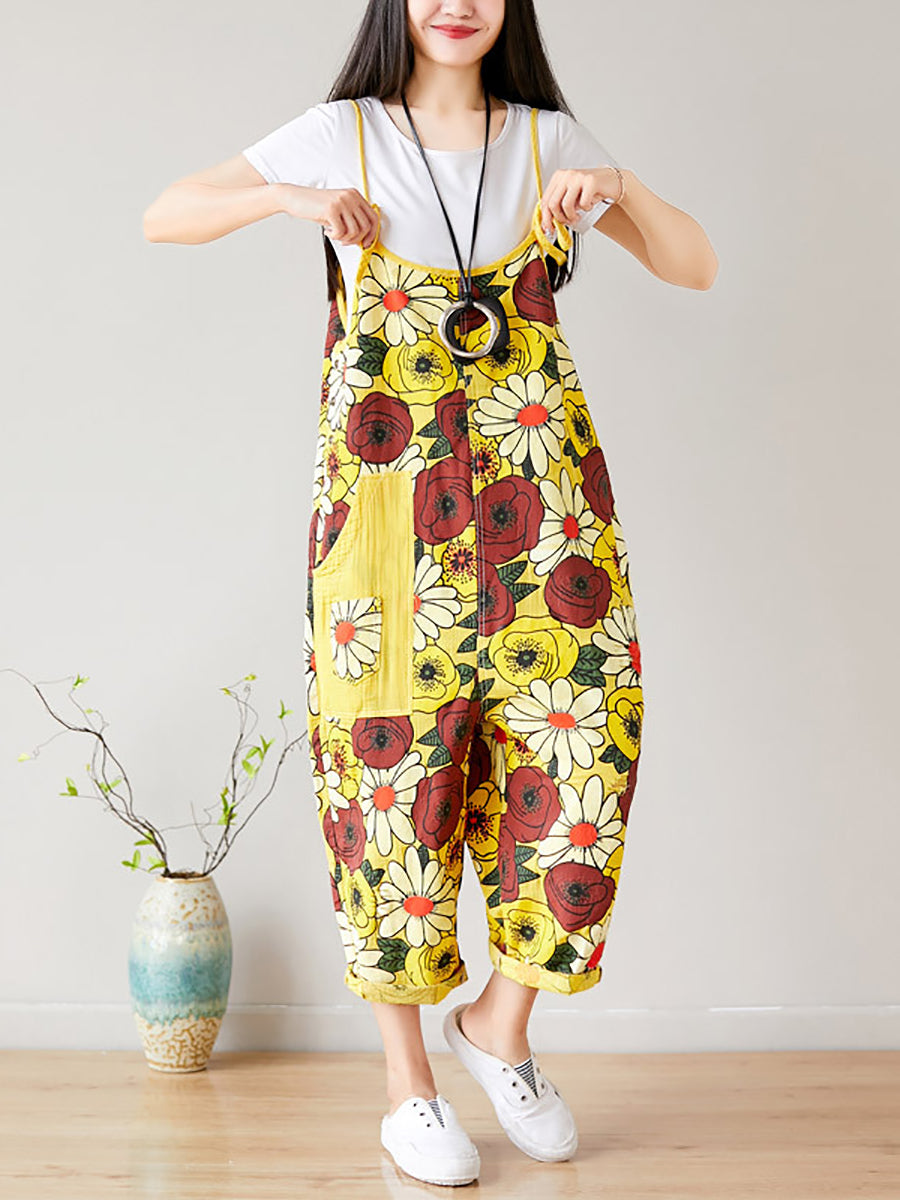 Women Summer Artsy Flower Pocket Loose Denim Jumpsuits