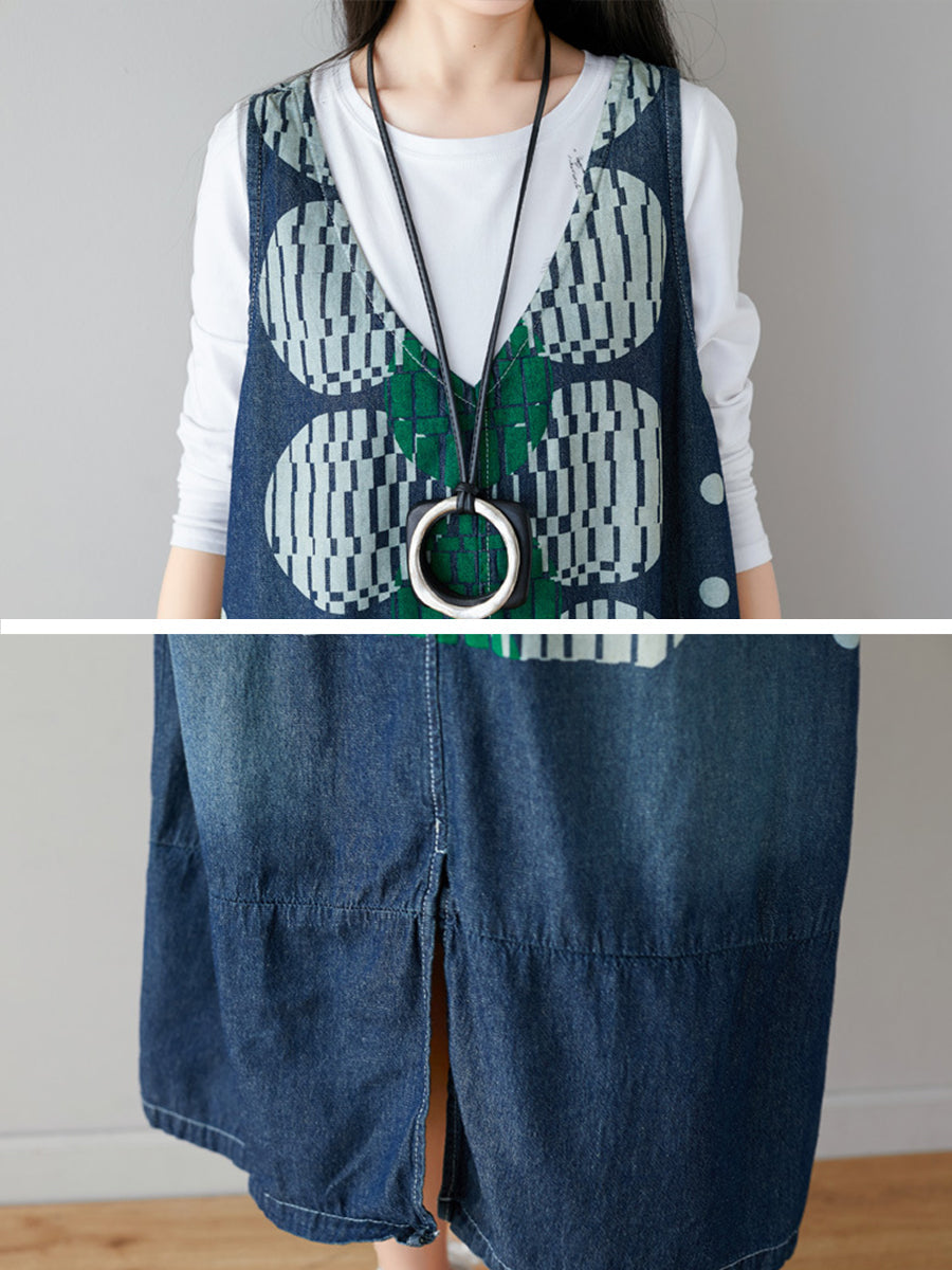 Robe en jean à poches effilochées pour femmes, imprimé à pois Artsy
