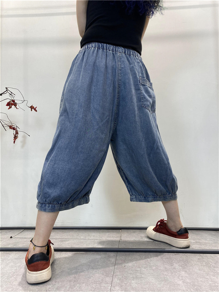 Women Summer Vintage Pocket Drawstring Solid Denim Pants