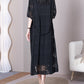 Women Vintage Solid Jacquard Embroidery Drawstring Loose Dress