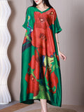 Women Vintage Bright Color Flower Loose V-Neck Dress