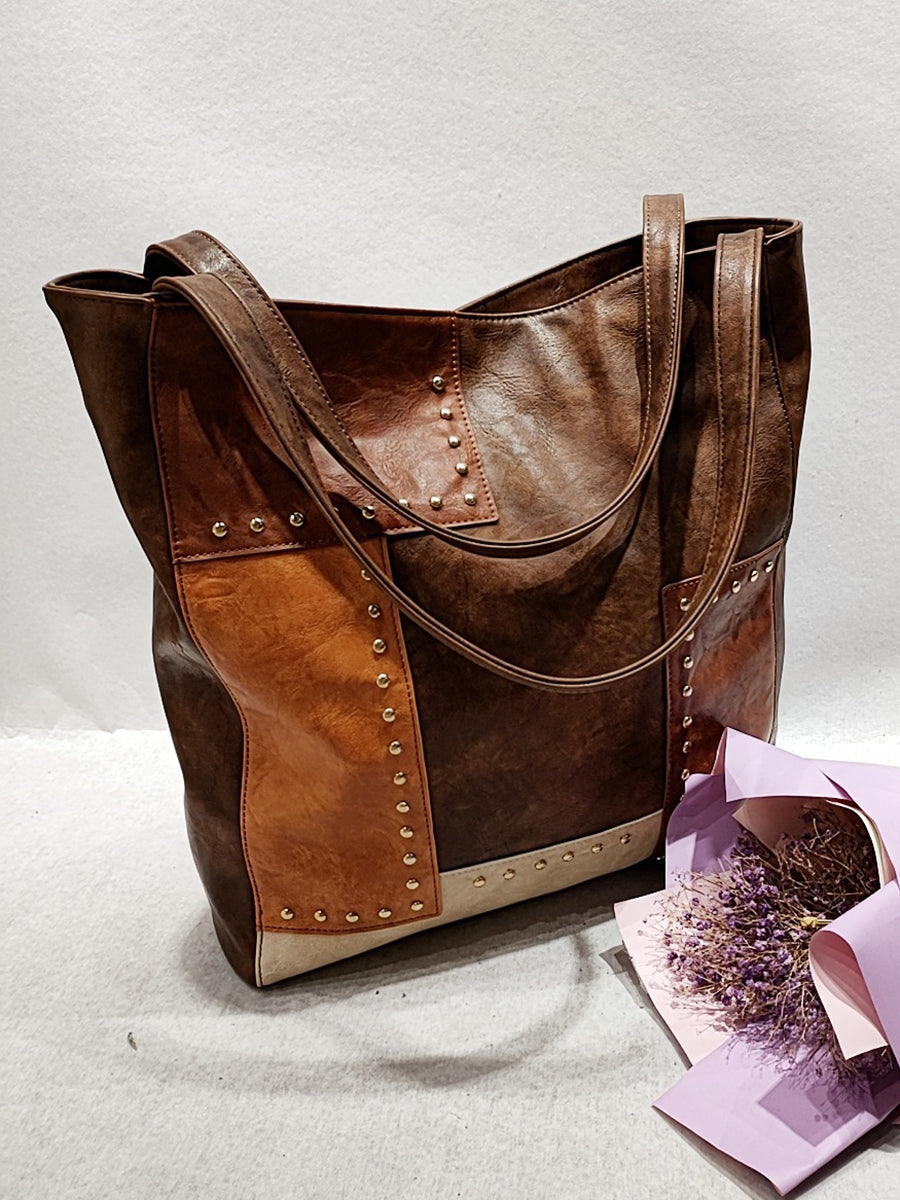 Women Retro Spliced Colorblock Soft Shoulder Bag