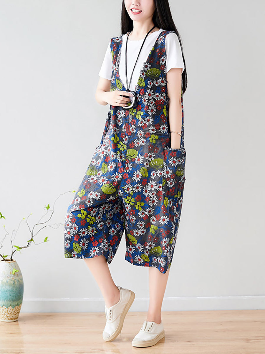 Women Summer Retro Floral Pocket V-Neck Loose Denim Jumpsuits
