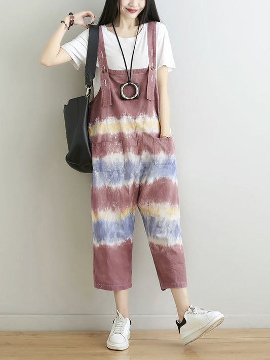 Women Summer Artsy Tie-dye Pocket Denim Jumpsuits