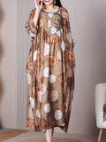 Women Summer Vintage Dot Draped Button Loose Dress