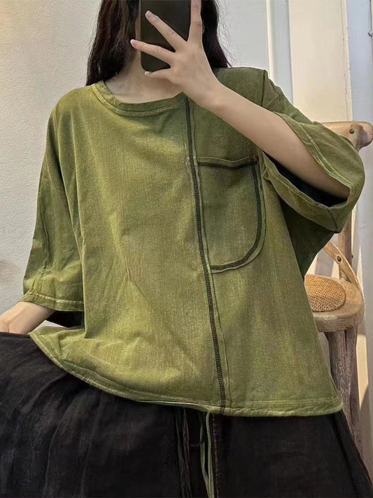 Chemise d'été en coton massif épissé avec coutures rétro pour femmes