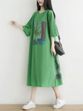Women Summer Vintage Print Raw-edge Loose Cotton Dress