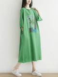 Women Summer Vintage Print Raw-edge Loose Cotton Dress