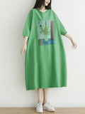 Women Summer Vintage Print Raw-edge Loose Cotton Dress