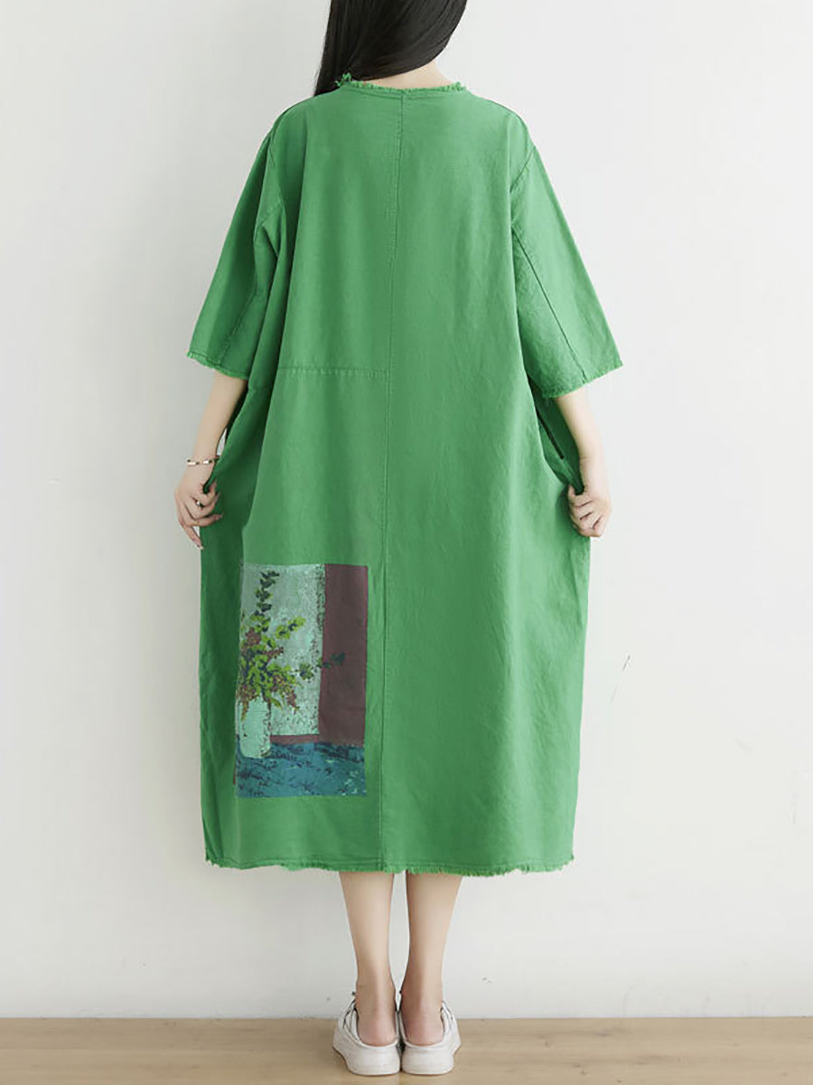 Women Summer Vintage Print Raw-edge Loose Cotton Dress